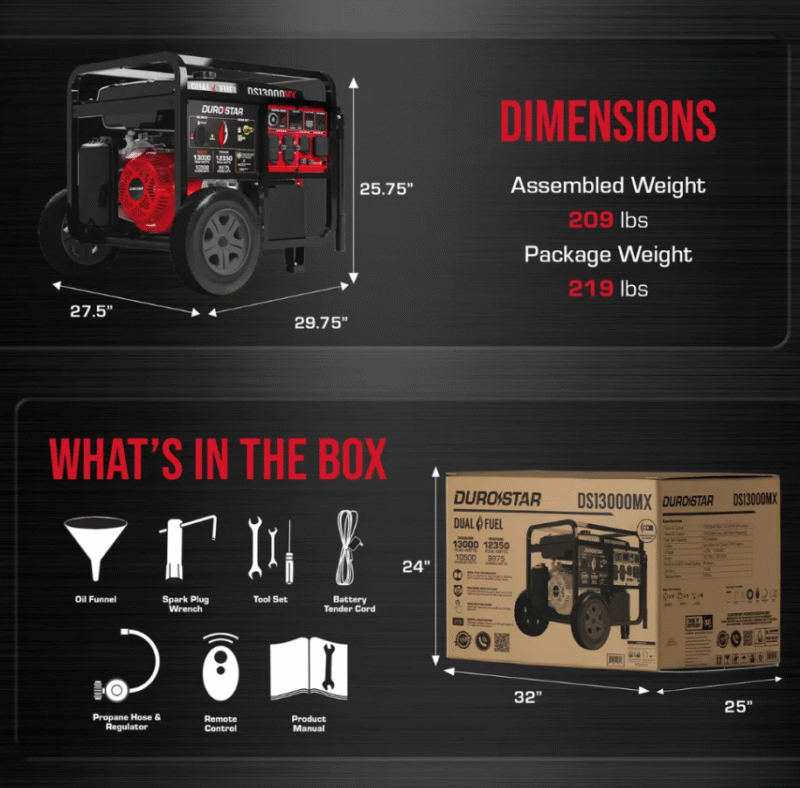 DUROSTAR 13000 WATT PUSH BUTTON START DUAL FUEL PORTABLE GENERATOR - Image 7